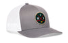 Gray front trucker hat with white mesh back and round hockey logo patch, snapback.