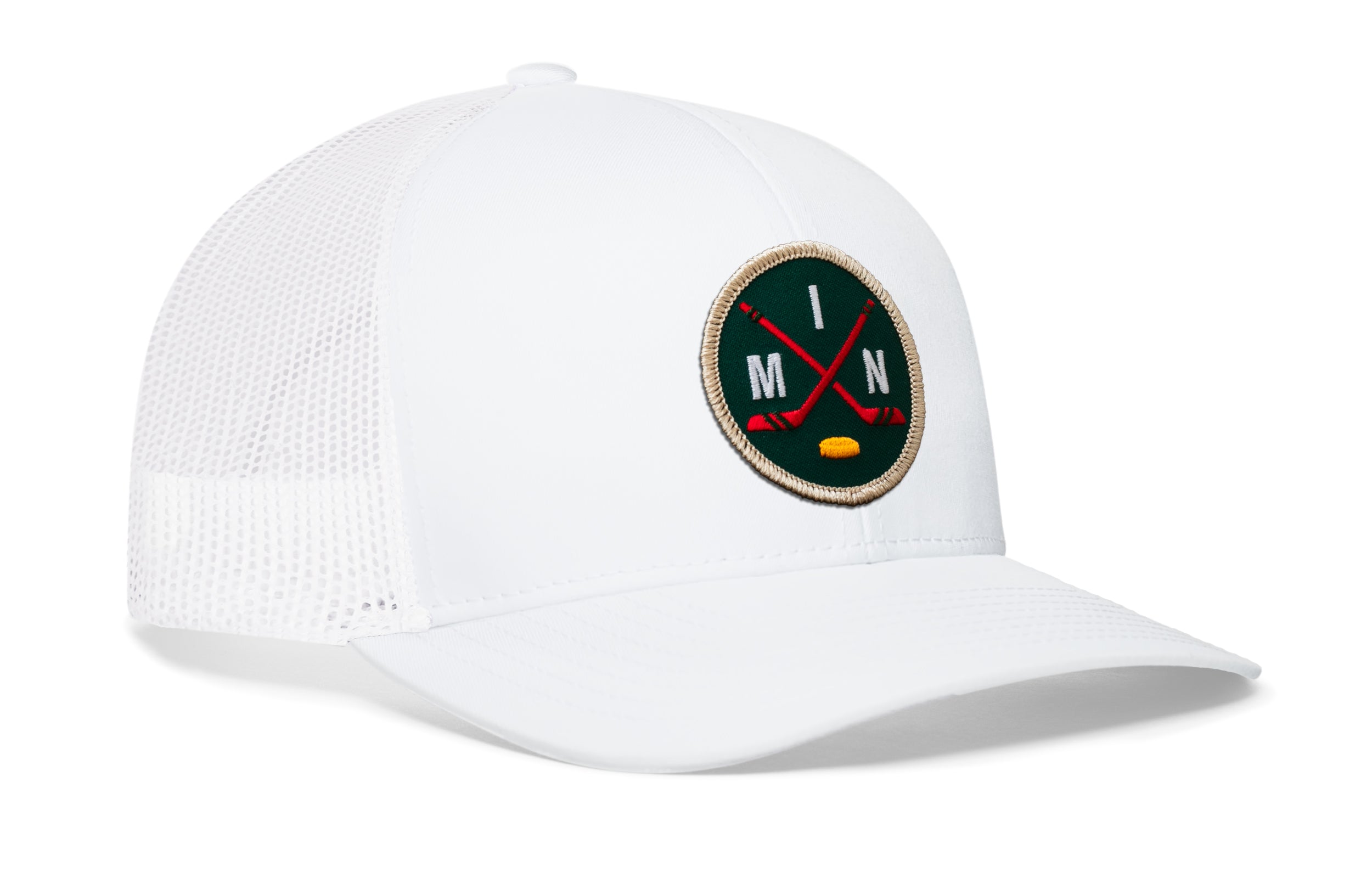 White mesh trucker hat with round hockey logo patch on front and curved brim.