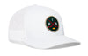 White mesh trucker hat with round hockey logo patch on front and curved brim.