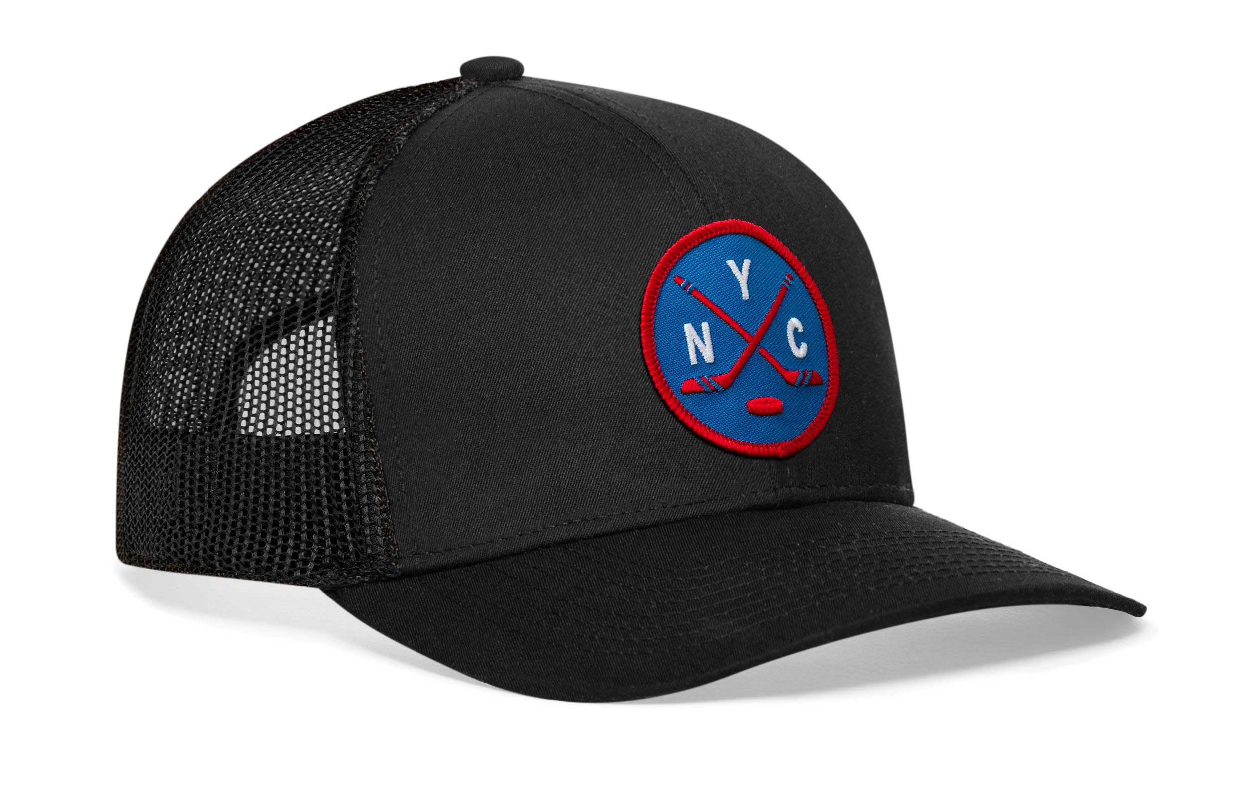 Black hockey trucker hat, circular logo patch on front, breathable mesh side panels.