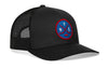 Black hockey trucker hat, circular logo patch on front, breathable mesh side panels.
