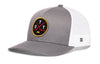 Gray trucker snapback cap with hockey logo patch and white mesh side panels