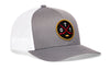 Gray trucker snapback cap with hockey logo patch and side mesh panel