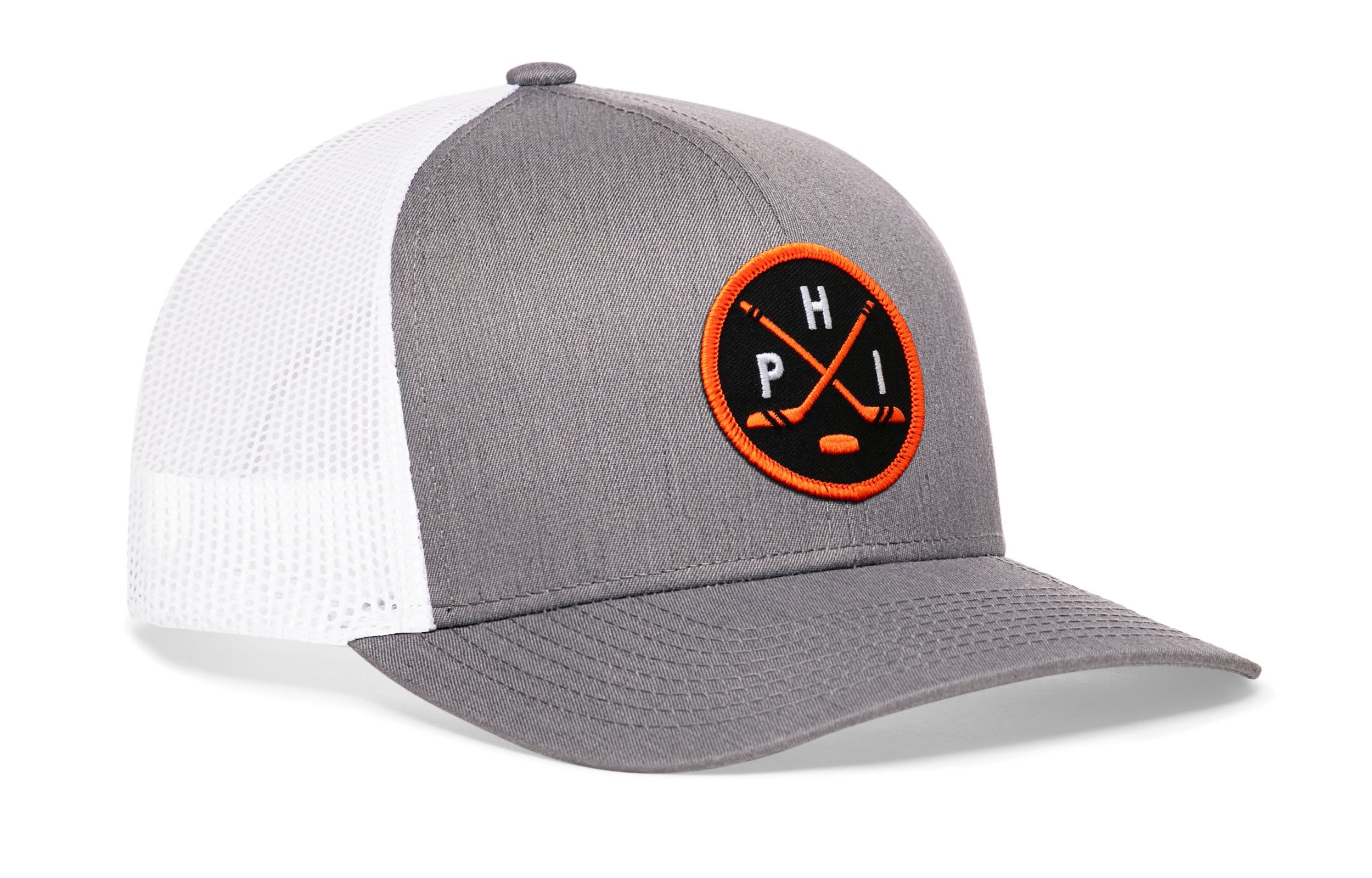 Gray-and-white trucker cap with orange circular logo patch, mesh panels, curved brim