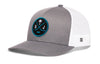 Gray-and-white trucker cap with mesh back, circular front logo patch, and small side H mark.