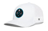 White trucker cap with mesh back, circular front logo patch, and small side H mark.