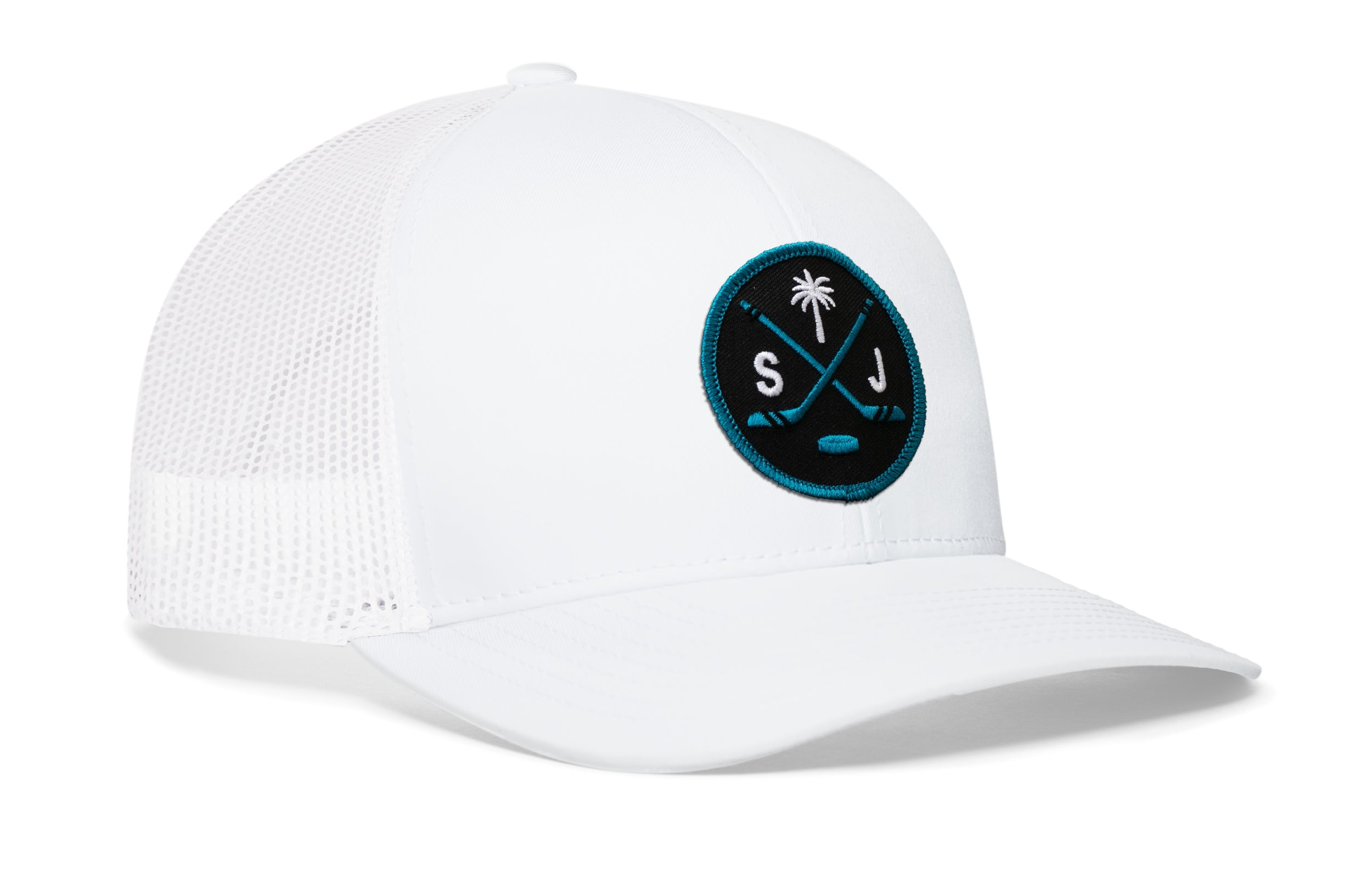 White trucker cap with mesh side panel, circular front logo patch, and curved brim.