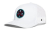 White snapback trucker hat with mesh back and circular SEA X logo patch