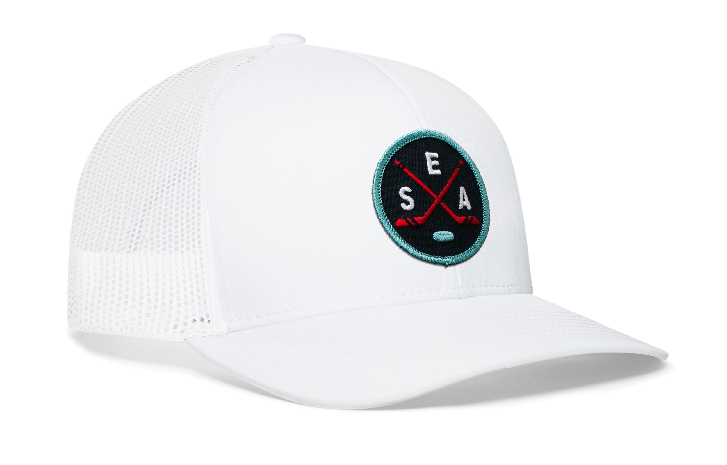 White trucker hat with white mesh sides, curved brim, and SEA X logo patch