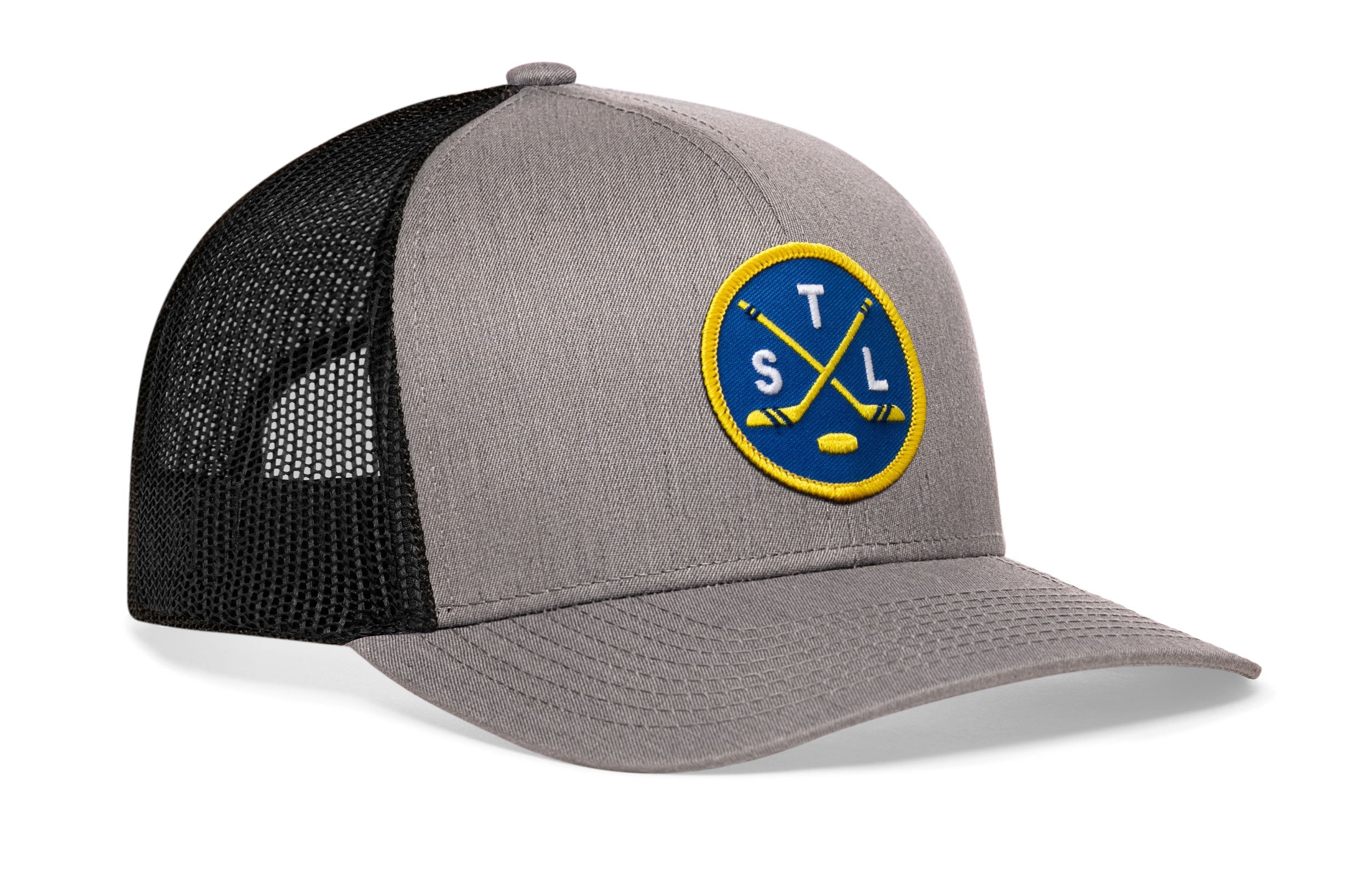 Gray front trucker hat with black mesh side panels and circular STL patch.