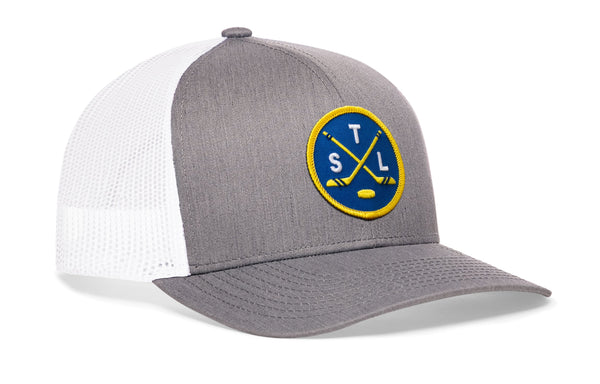 Gray trucker hat with white mesh back and circular STL logo patch.