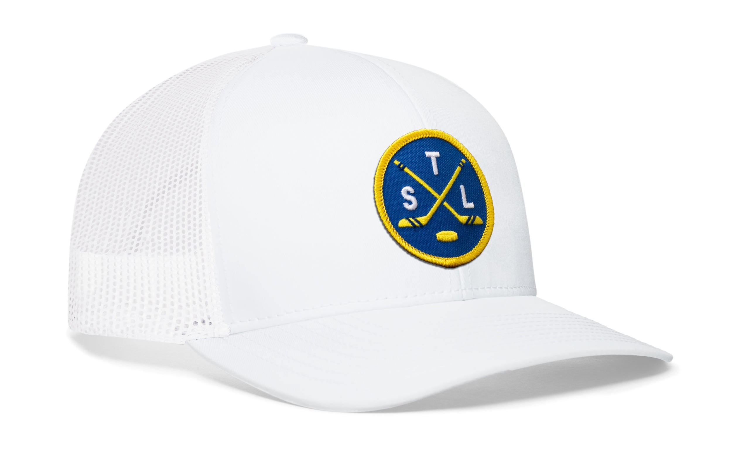 White trucker hat with circular front patch and mesh side panel.