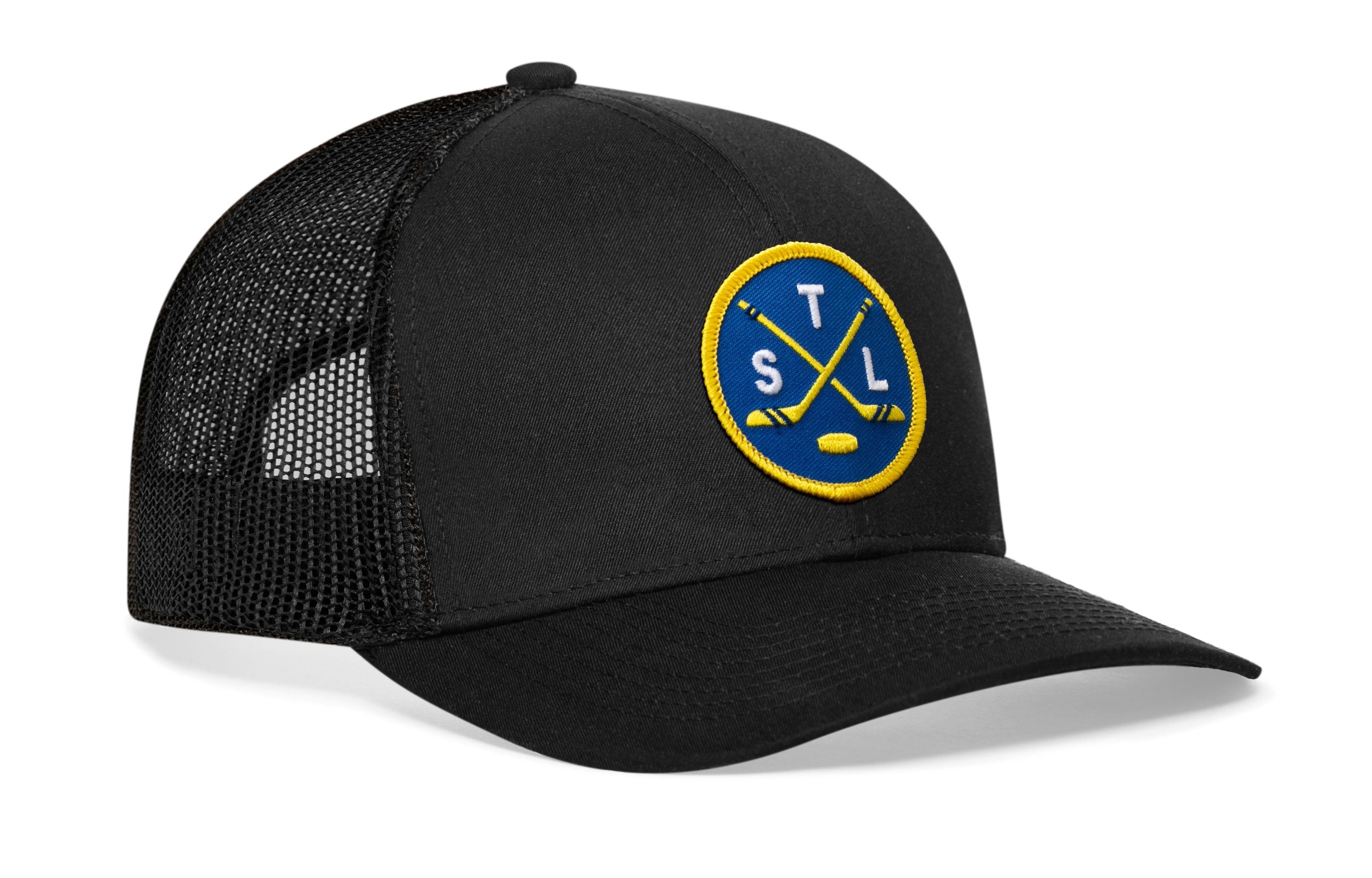 Black trucker hat with front logo patch and mesh back panels.