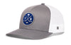Gray trucker hat with blue circular logo patch and white mesh side panels