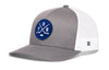 Gray-and-white trucker snapback hat with mesh sides, blue logo patch, and H emblem.