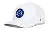 White trucker snapback hat with mesh sides, blue logo patch, and small H emblem.