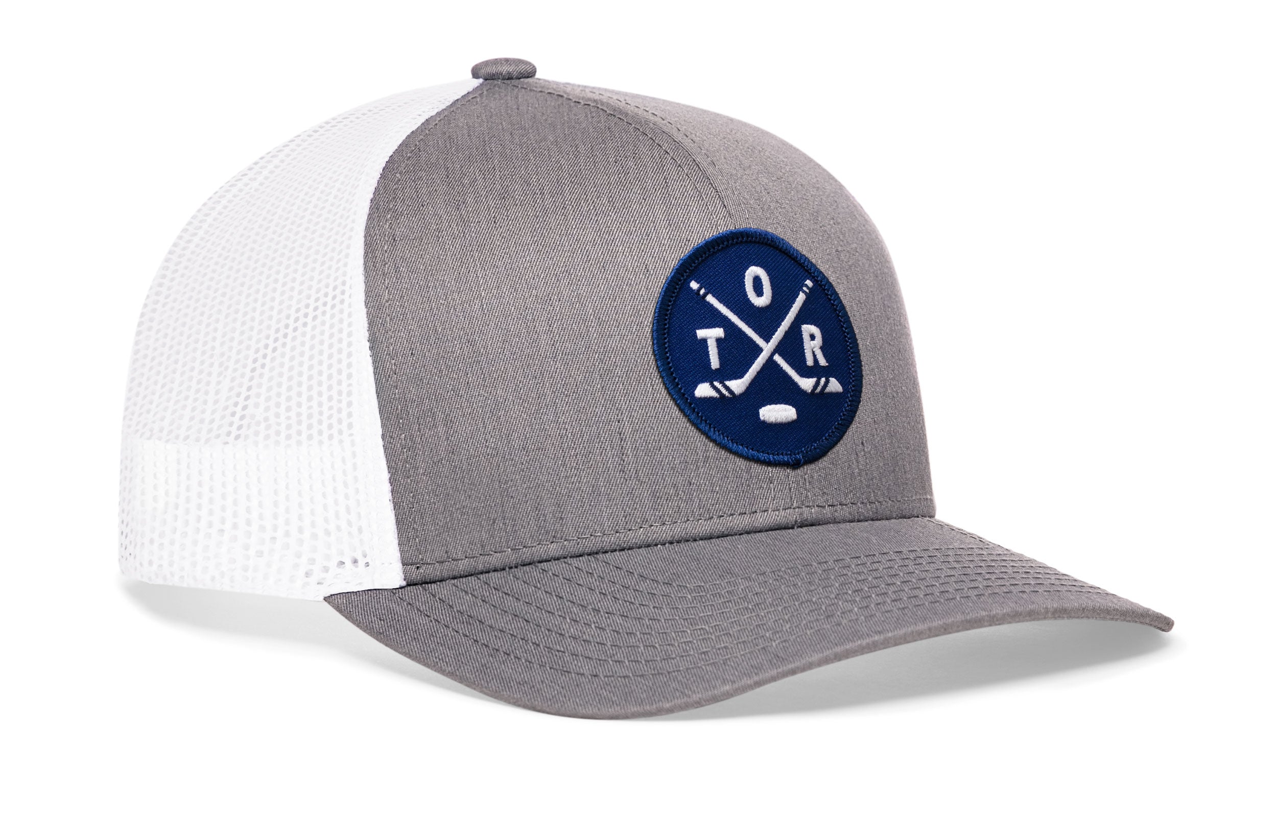 Gray trucker snapback hat with white mesh side, blue logo patch, and H emblem.
