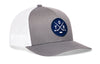 Gray trucker snapback hat with white mesh side, blue logo patch, and H emblem.