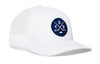 White trucker snapback hat with mesh back and brim, blue logo patch, and H logo.