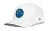 White trucker snapback cap with green logo patch, white mesh and small H tag