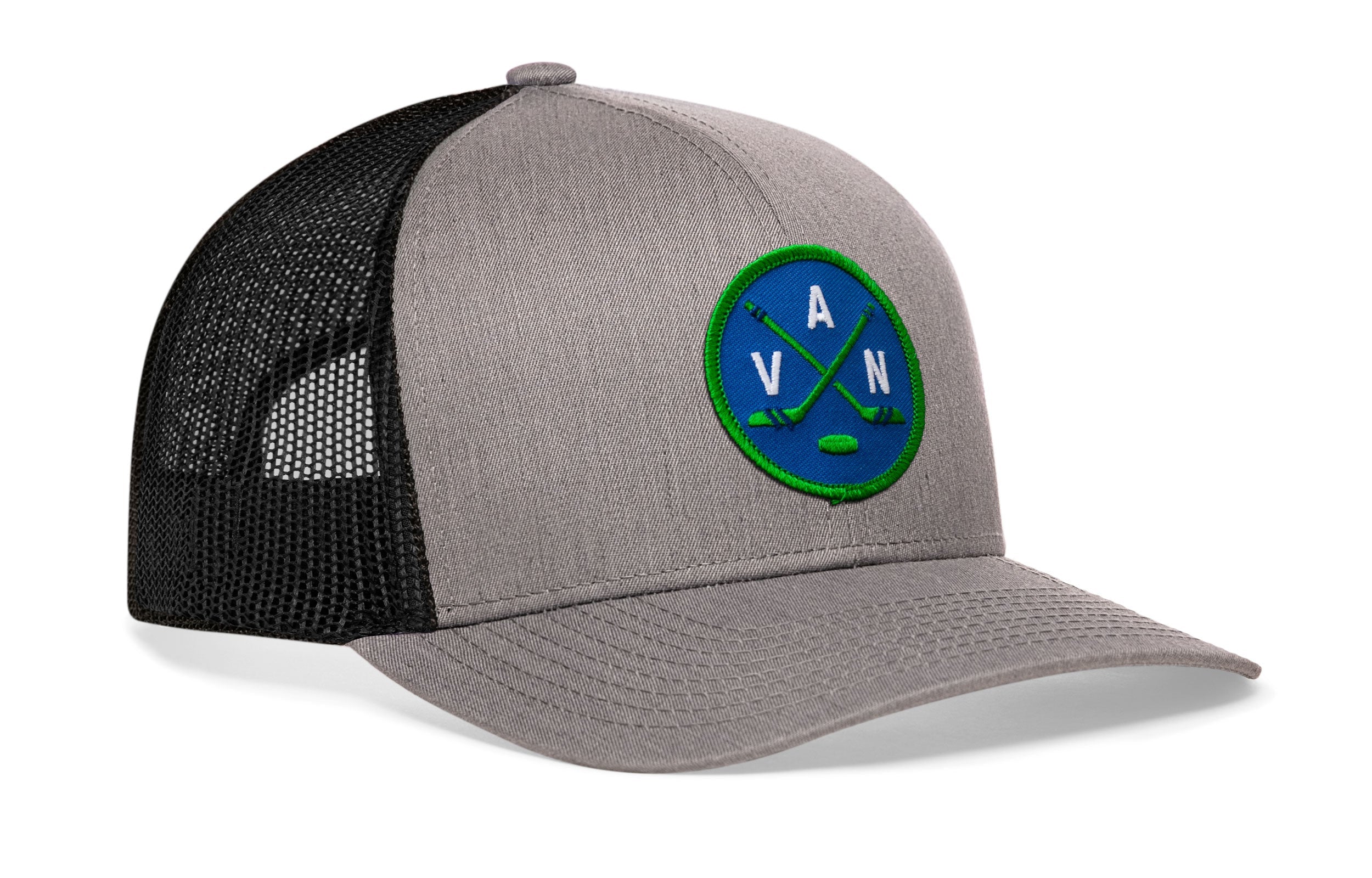 Gray and black trucker snapback cap with green logo patch and black mesh side panels