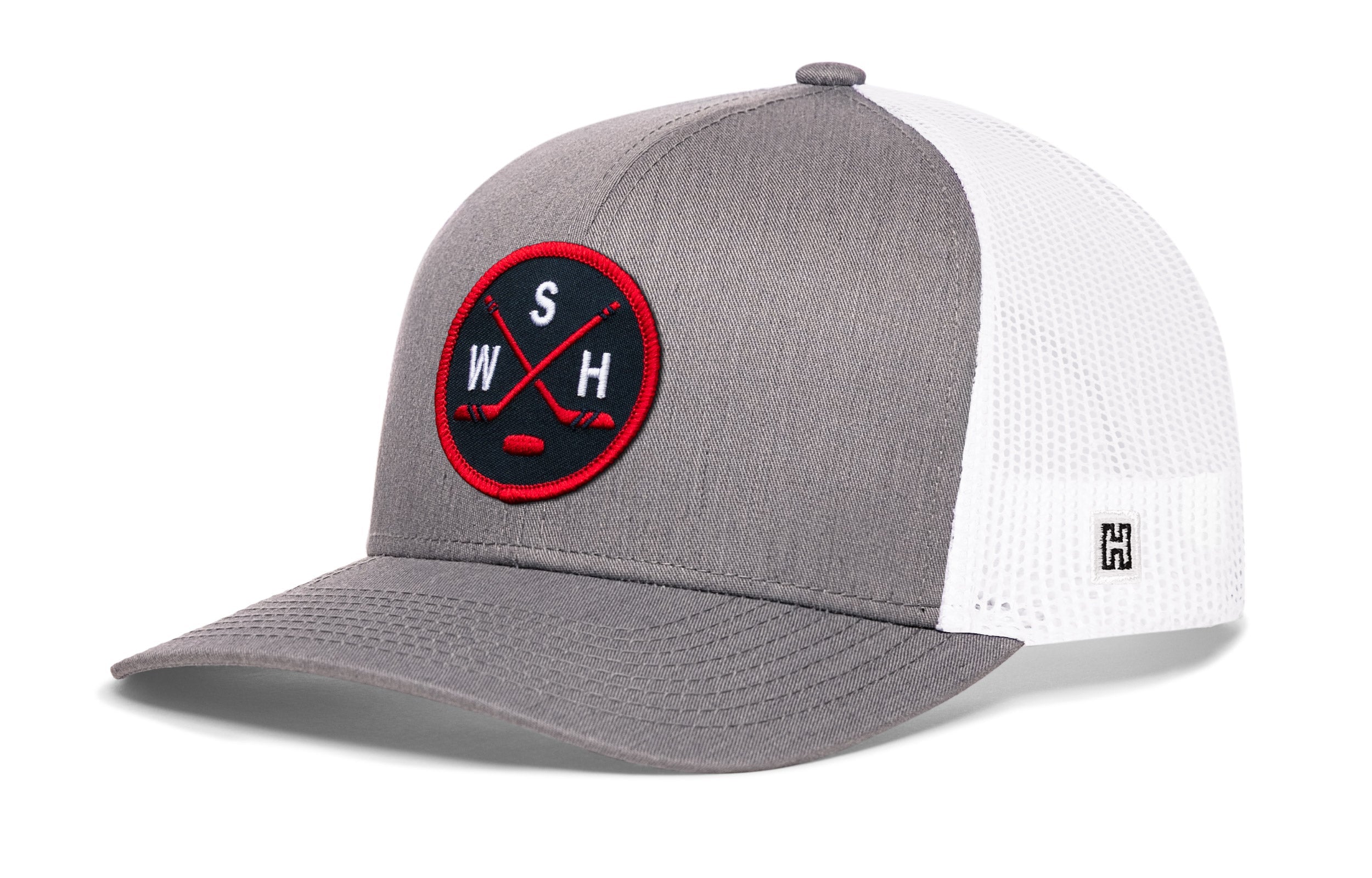 Gray trucker cap with red-and-white logo patch and white mesh side panels.