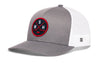Gray trucker cap with red-and-white logo patch and white mesh side panels.