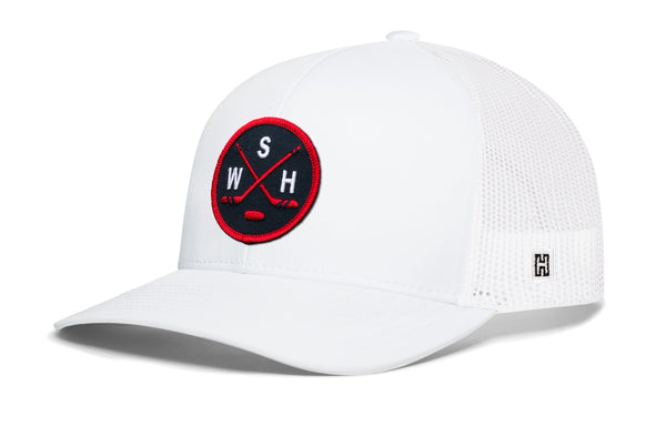 White trucker cap with red-and-white logo patch and mesh side panels, snapback style.