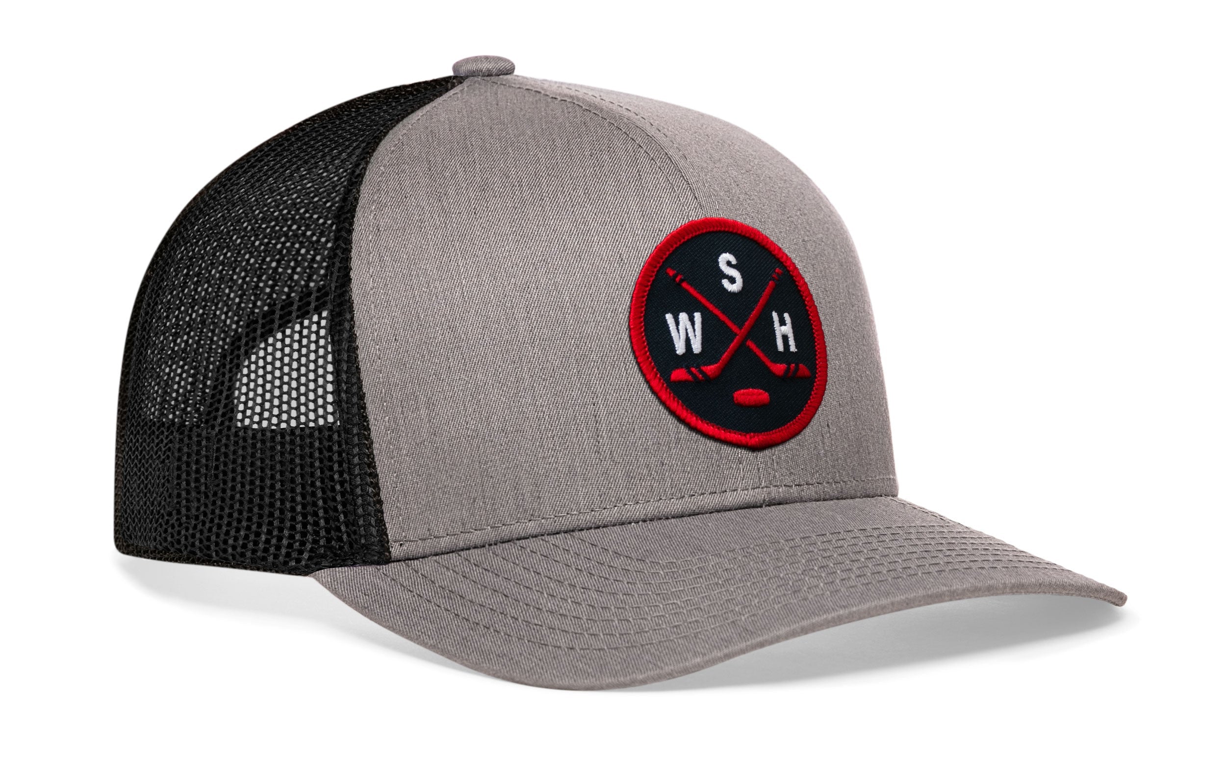 Gray and black trucker cap with red-and-white logo patch and black mesh side panels.