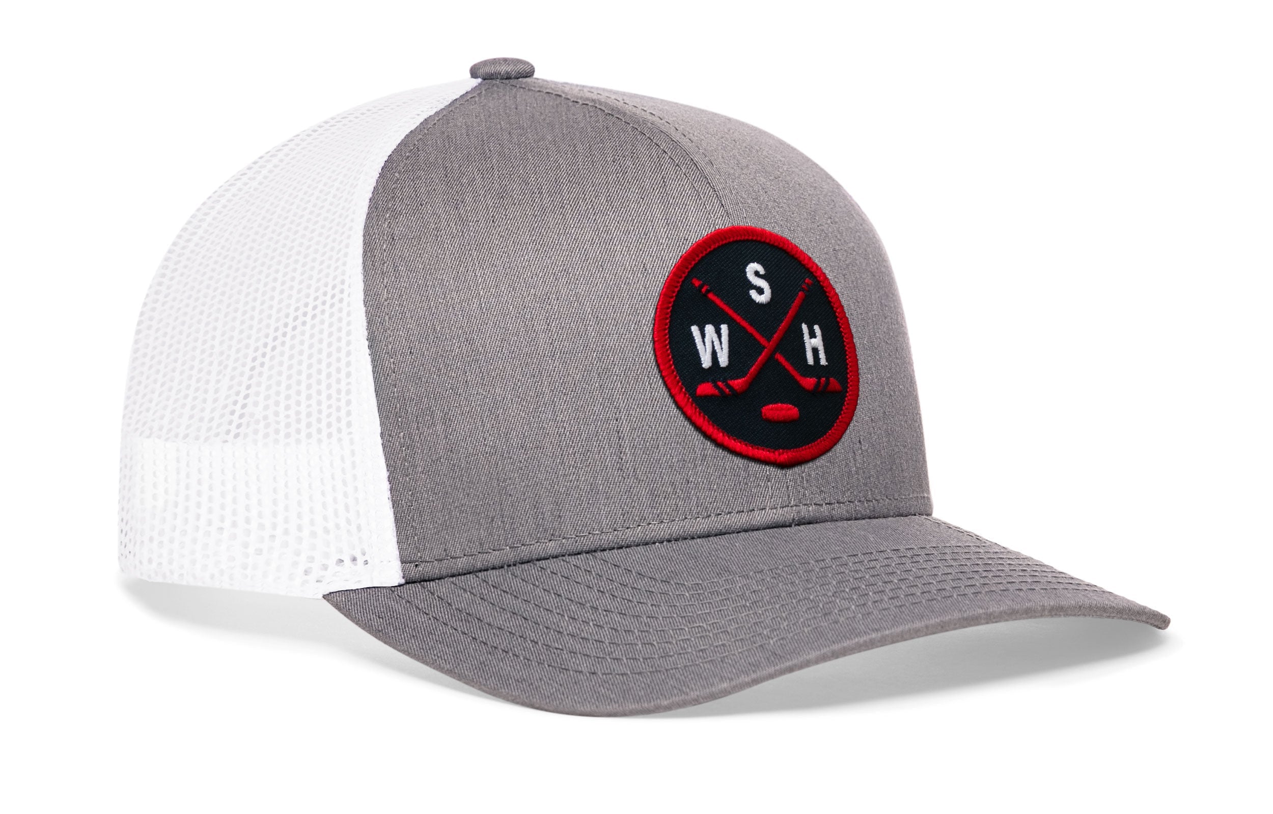 Gray trucker cap with red-and-white logo patch and white mesh side panels, curved brim.