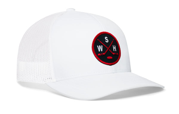 White trucker cap with red-and-white logo patch and white mesh side panels, curved brim.