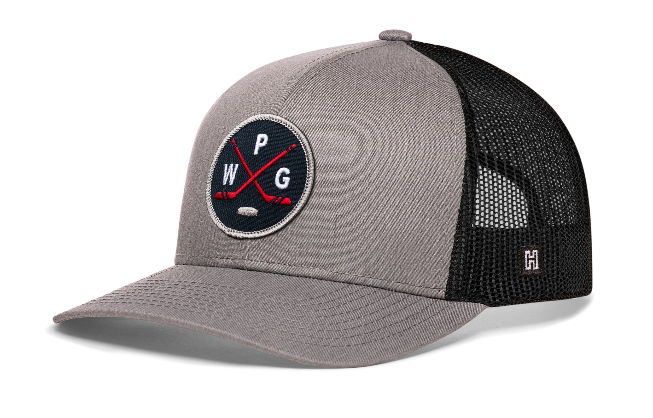 Gray-and-black hockey trucker hat with snapback and front logo patch, black mesh sides