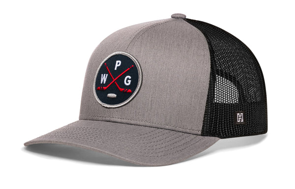 Gray-and-black hockey trucker hat with snapback and front logo patch, black mesh sides