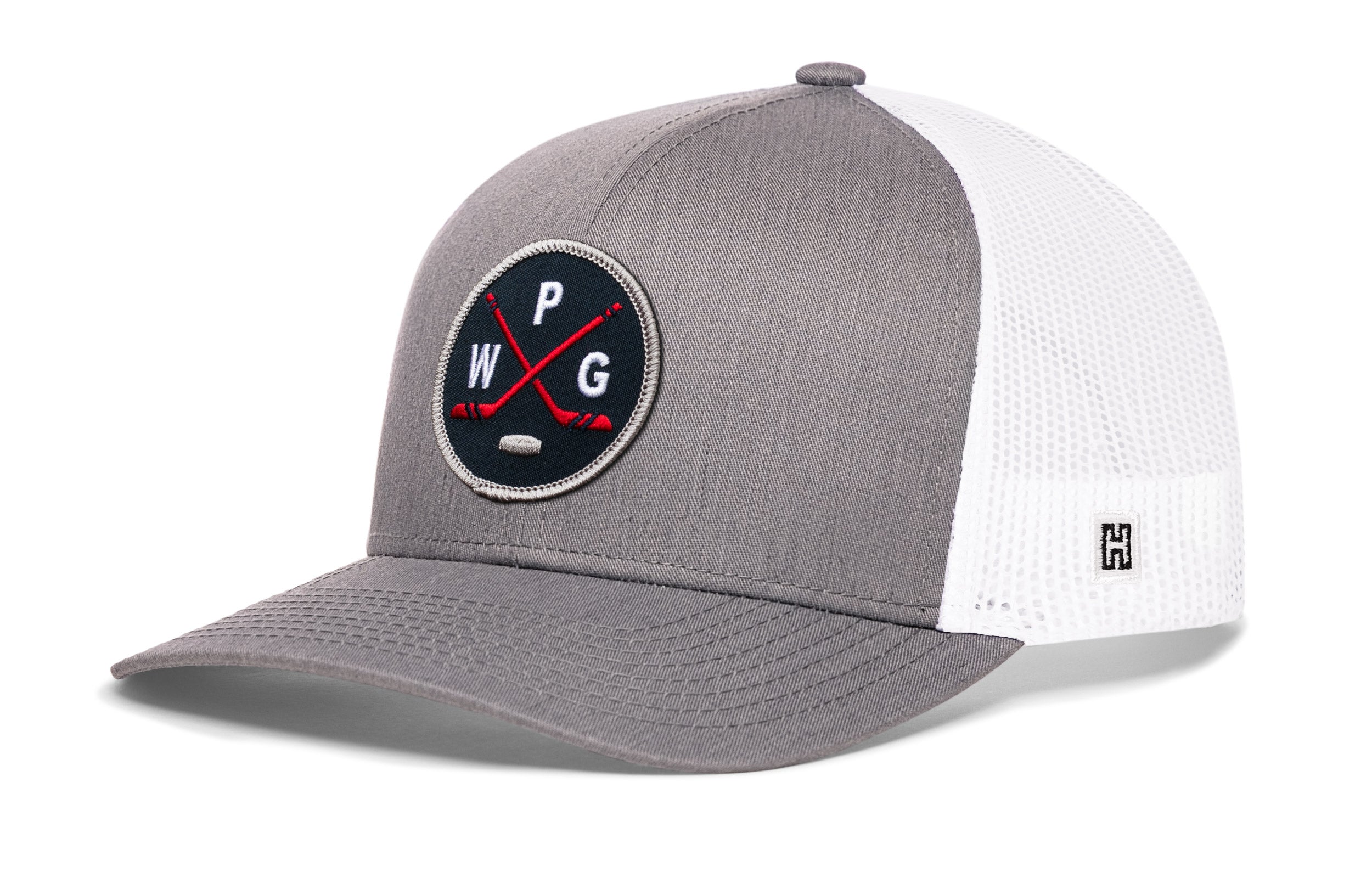 Gray-and-white hockey trucker hat with snapback and front logo patch, white mesh sides