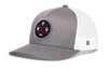 Gray-and-white hockey trucker hat with snapback and front logo patch, white mesh sides