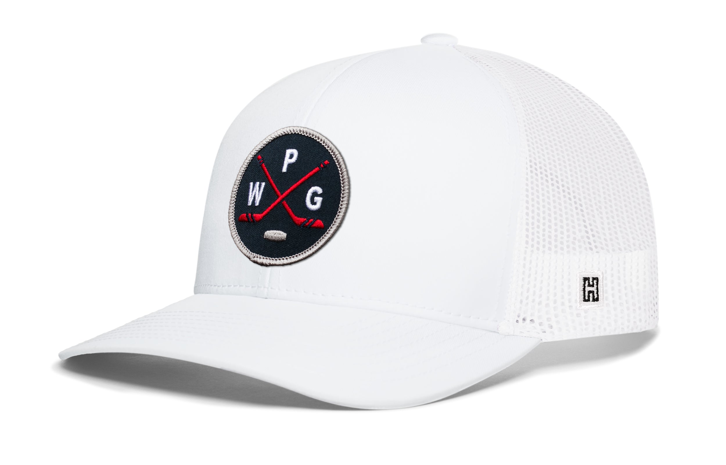 White hockey trucker hat with snapback and front logo patch, white mesh side panels