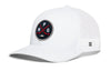White hockey trucker hat with snapback and front logo patch, white mesh side panels