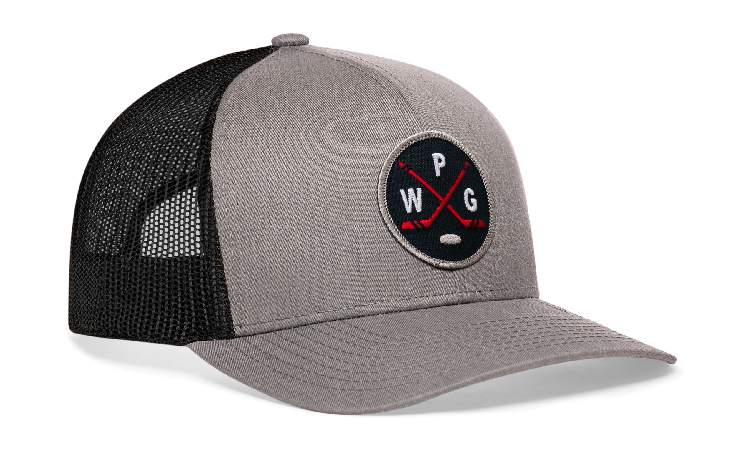Gray-and-black hockey trucker hat with snapback and side logo patch, black mesh panels