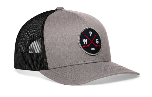 Gray-and-black hockey trucker hat with snapback and side logo patch, black mesh panels