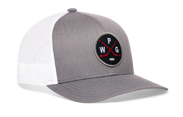 Gray-and-white hockey trucker hat with snapback and side logo patch, white mesh panels