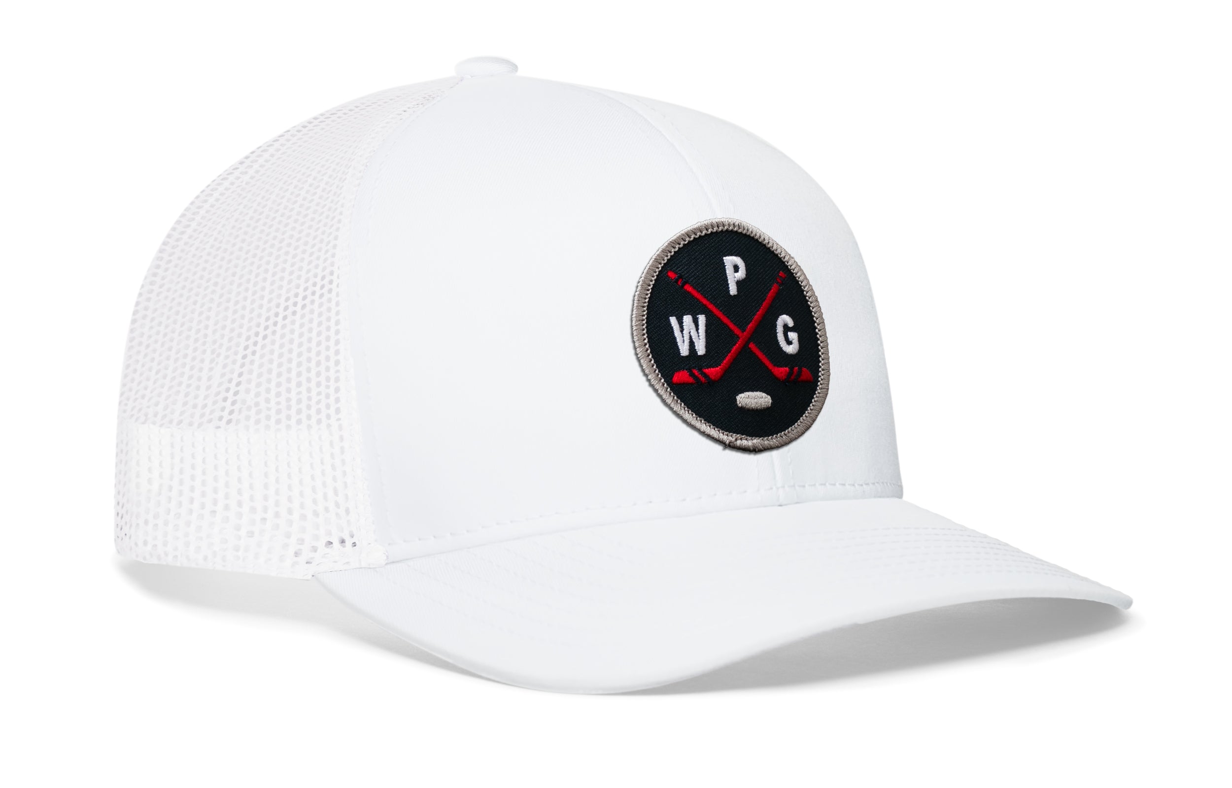 White hockey trucker hat with snapback and side logo patch, white mesh panels