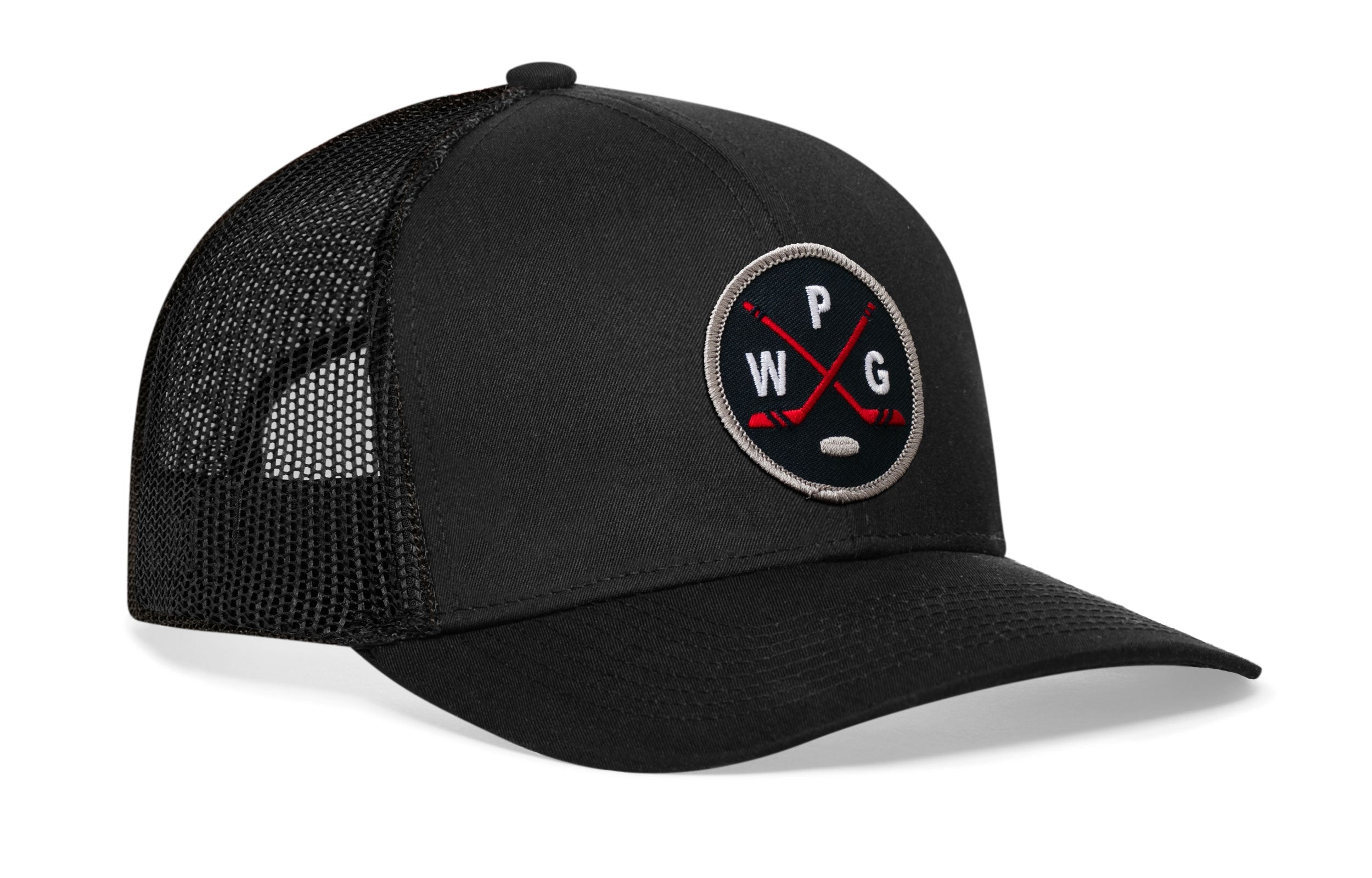 Black hockey trucker hat with snapback and side logo patch, black mesh panels