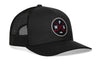 Black hockey trucker hat with snapback and side logo patch, black mesh panels