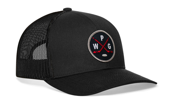 Black hockey trucker hat with snapback and side logo patch, black mesh panels