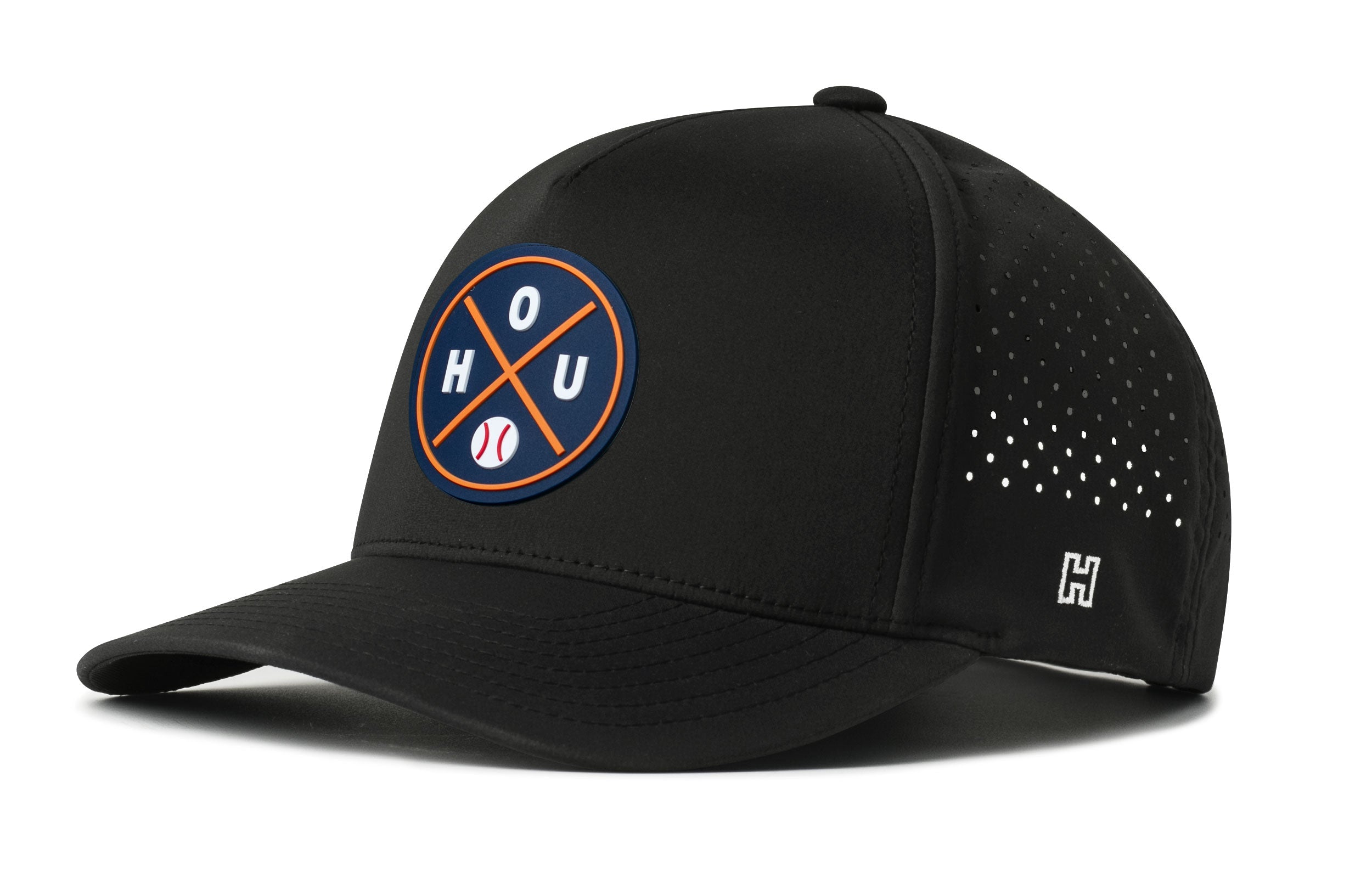 Black baseball performance 5-panel hat with HOU logo patch and perforated side panels