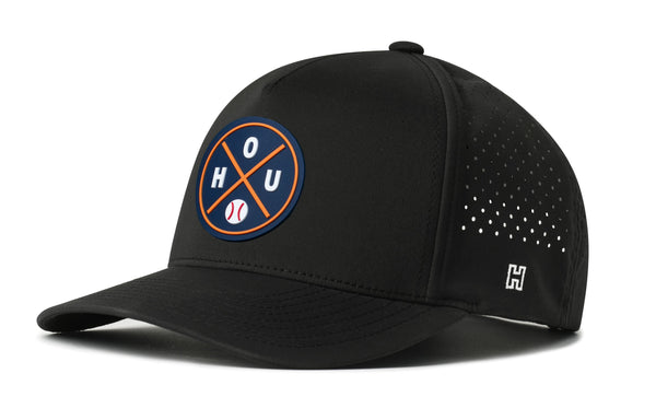 Black baseball performance 5-panel hat with HOU logo patch and perforated side panels