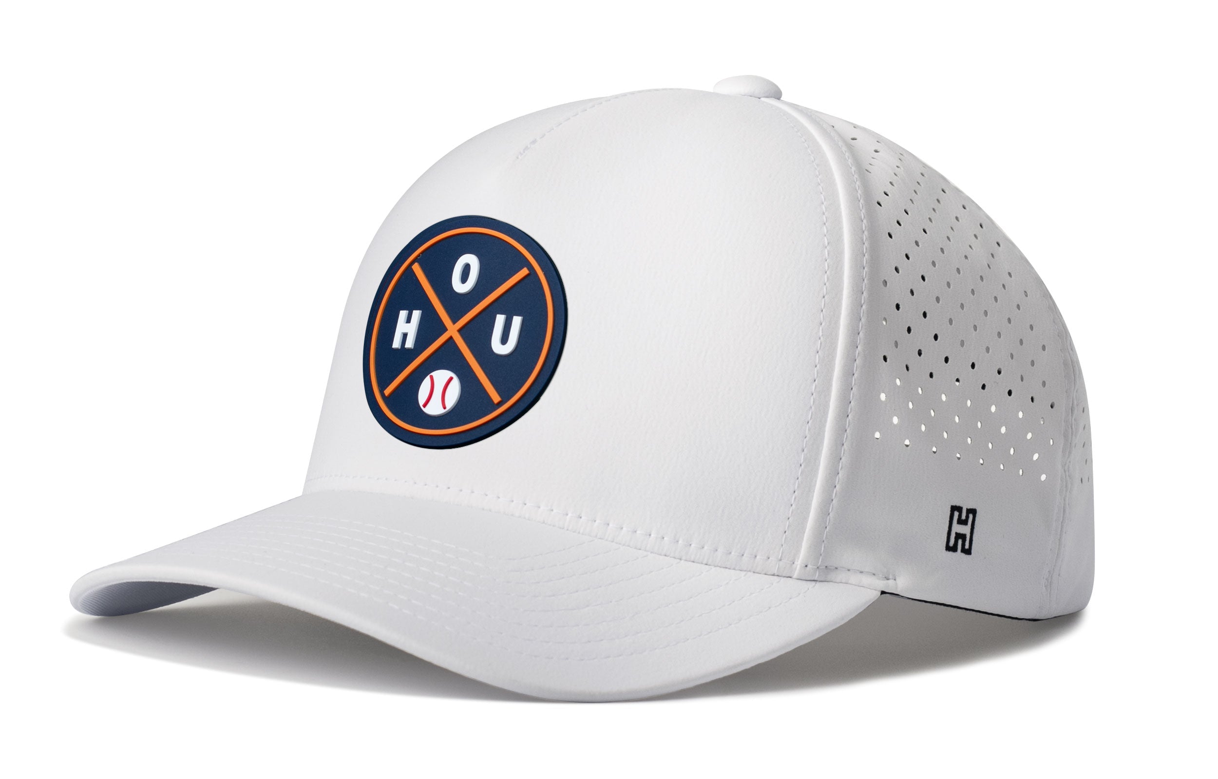 White baseball performance 5-panel hat with HOU logo patch and perforated side panels