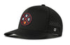 Black performance 5-panel snapback cap with perforated side panels and circular team logo