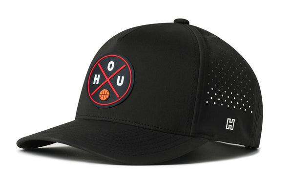 Black performance 5-panel snapback cap with perforated side panels and circular team logo