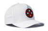 White performance 5-panel snapback cap with perforated side panels and circular team logo